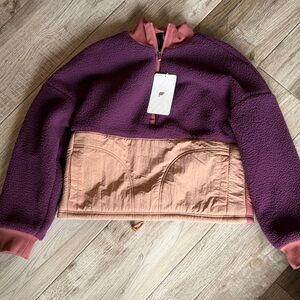Fabletics Cropped Fleece Pullover in Plum and Dusty Rose Trim